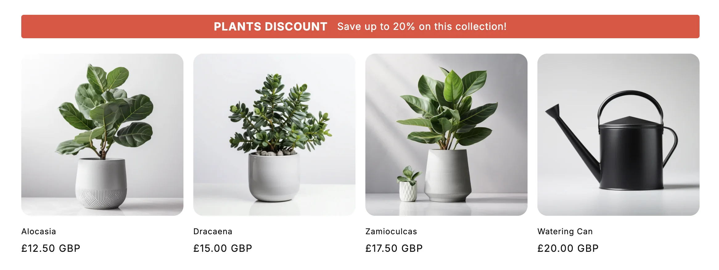 Collection page with red banner displaying ‘PLANTS DISCOUNT Save up to 20% on this collection!’