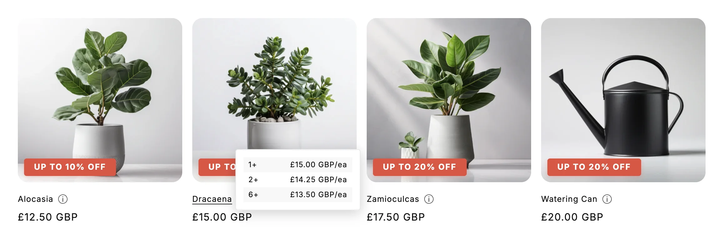 Product with info icon next to title and volume pricing popup showing quantity tiers and discounted prices