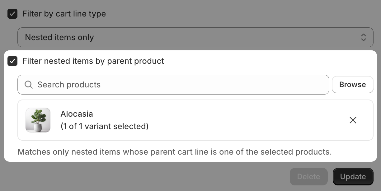 Cart group modal showing the “Filter nested items by parent product” checkbox enabled beneath the “Nested items only” cart line type, with the product “Alocasia” selected