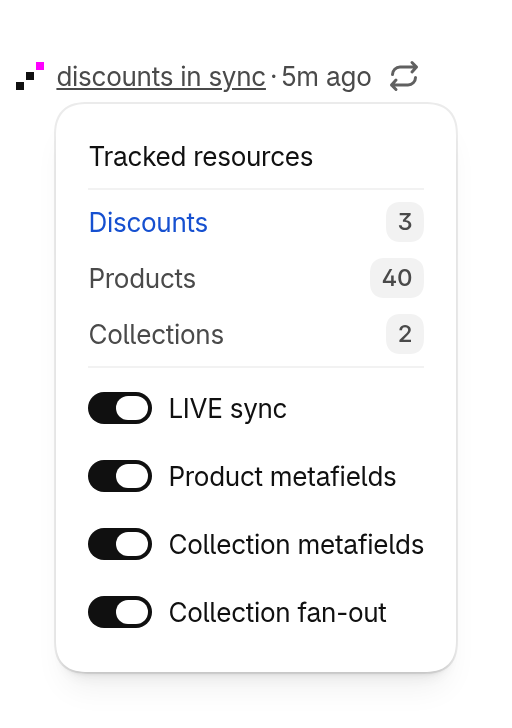 LIVE sync settings popover showing toggles for LIVE sync, Product metafields, Collection metafields, and Collection fan-out