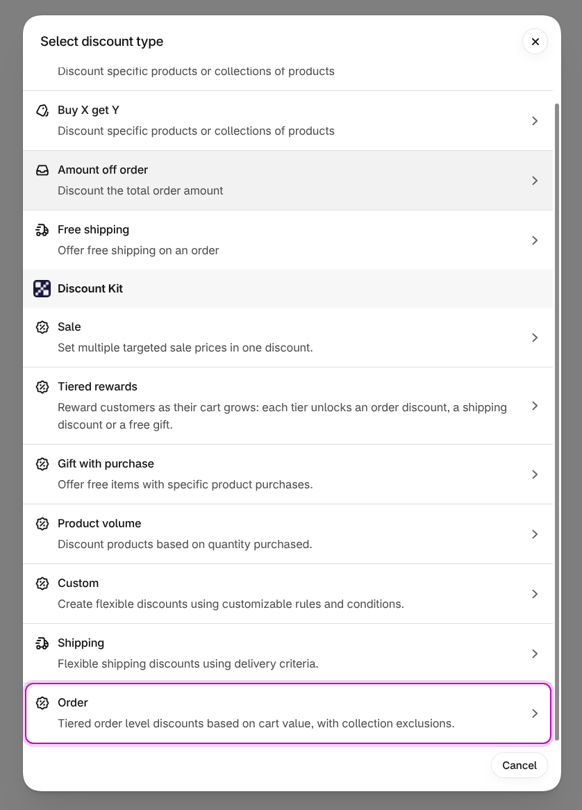 Order in Shopify’s Select discount type list