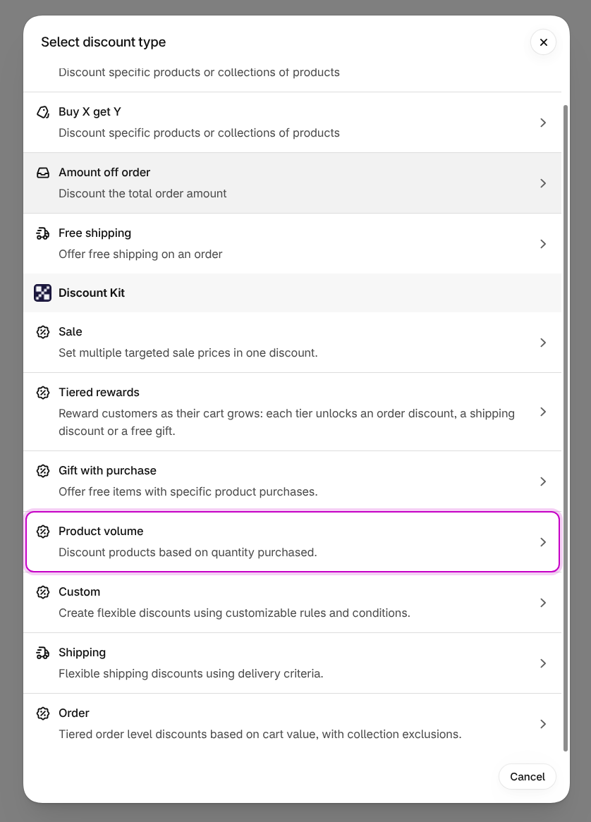 Product volume in Shopify’s Select discount type list