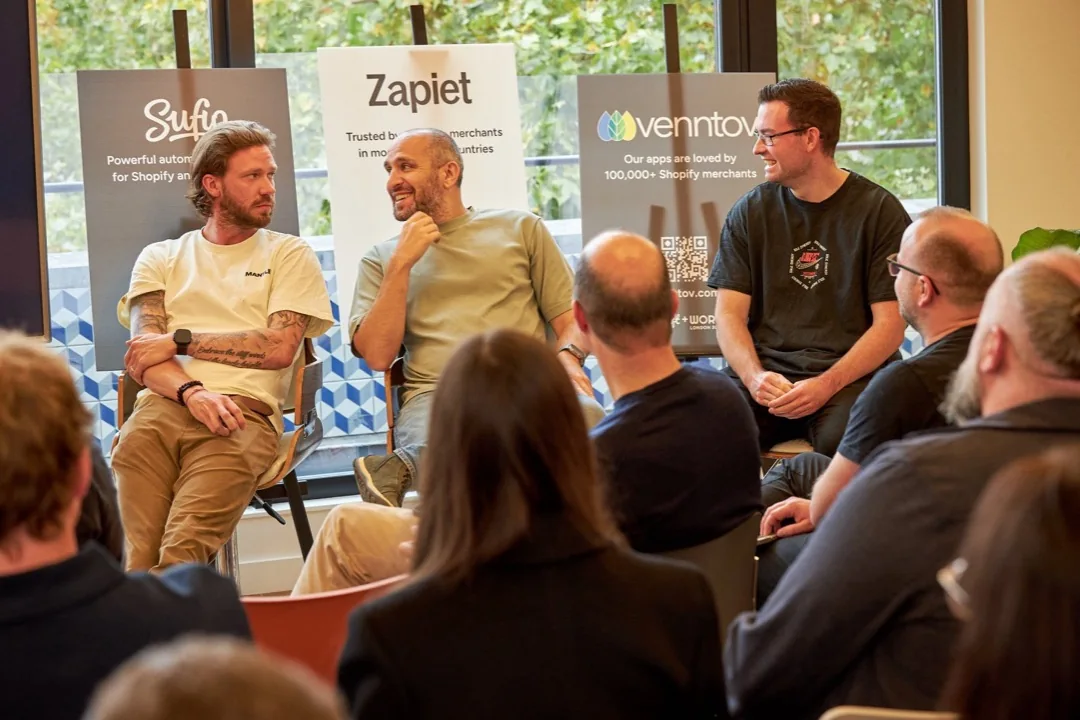 Sammy on a founder panel between the Sufio and Venntov teams